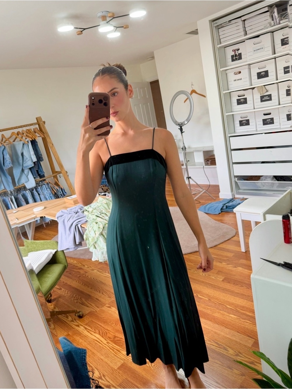 Vintage J.R. Nites Vintage 90s Dark Green Velvet Maxi Dress Spaghetti Strap